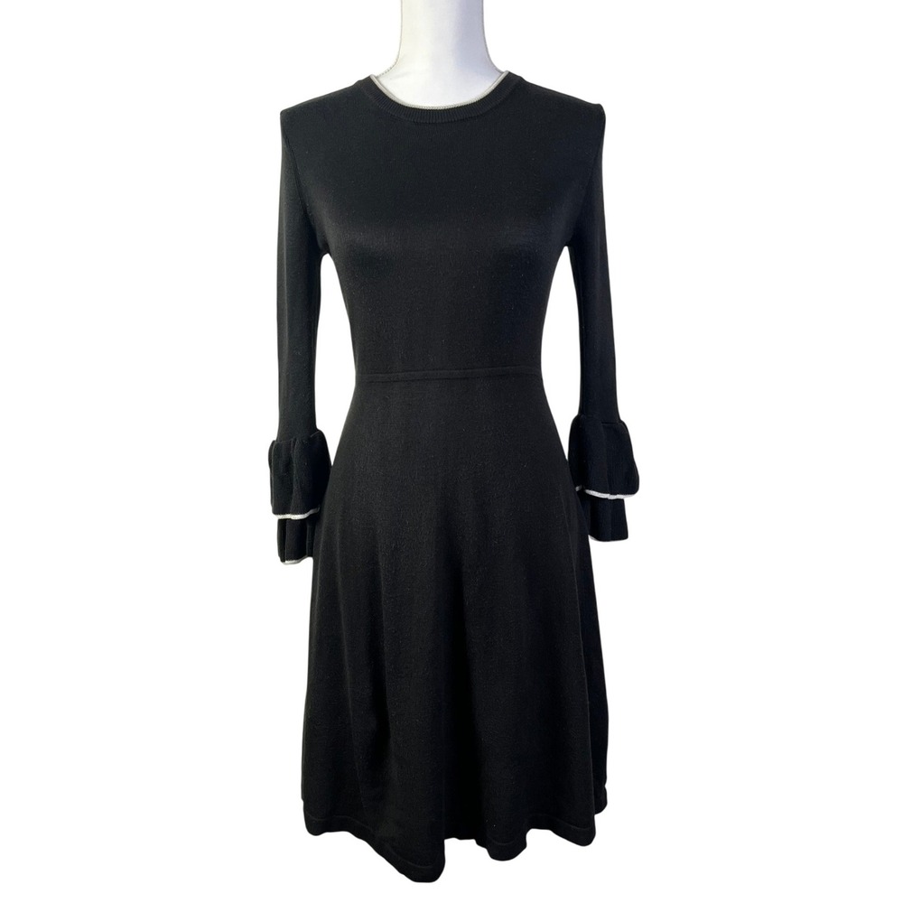 Vince Camuto Whimsigoth Knit Dress Bell Sleeve Trim Fit Flare Black Size M